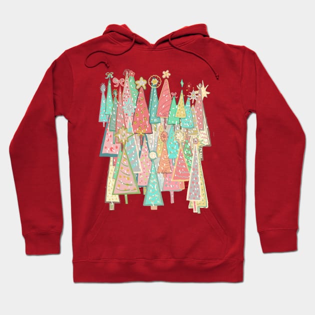 Vintage midcentury pink aqua Christmas trees snowy holiday. Hoodie by Peaceful Pigments